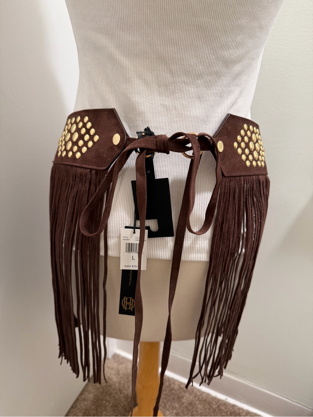 House of Harlow 1960 Brown Fringe Waist Belt with Gold Studs - Size L - NEW - Picture 4 of 4